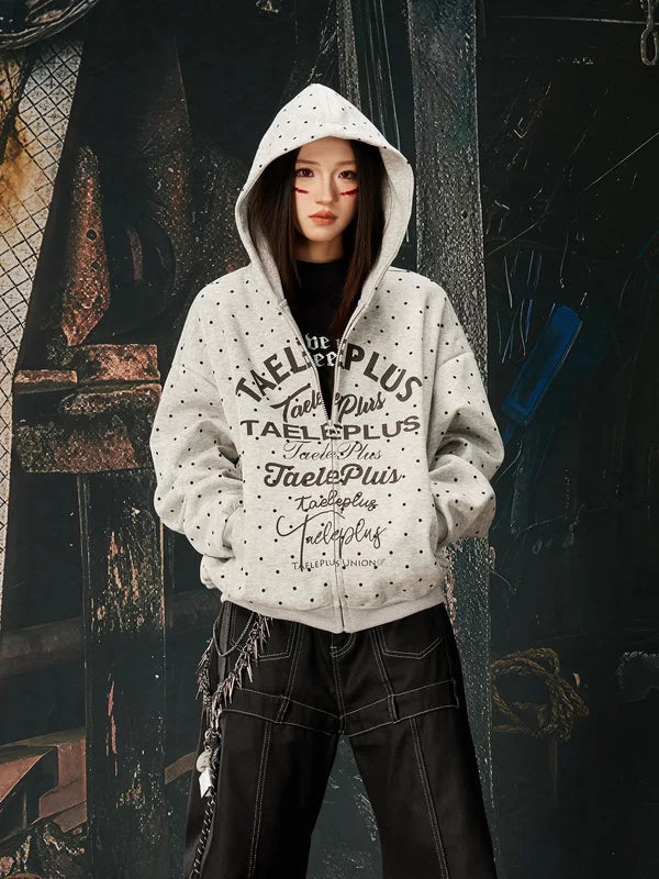 Polka Dot Graphic Zip-Up Hoodie 1