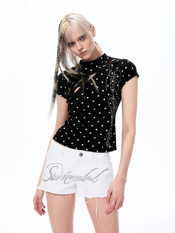 Polka Dot Rhinestone Cutout Slim T-Shirt 2
