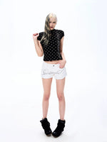 Polka Dot Rhinestone Cutout Slim T-Shirt 4