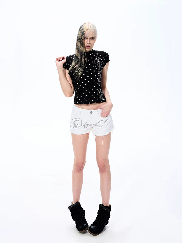 Polka Dot Rhinestone Cutout Slim T-Shirt 4
