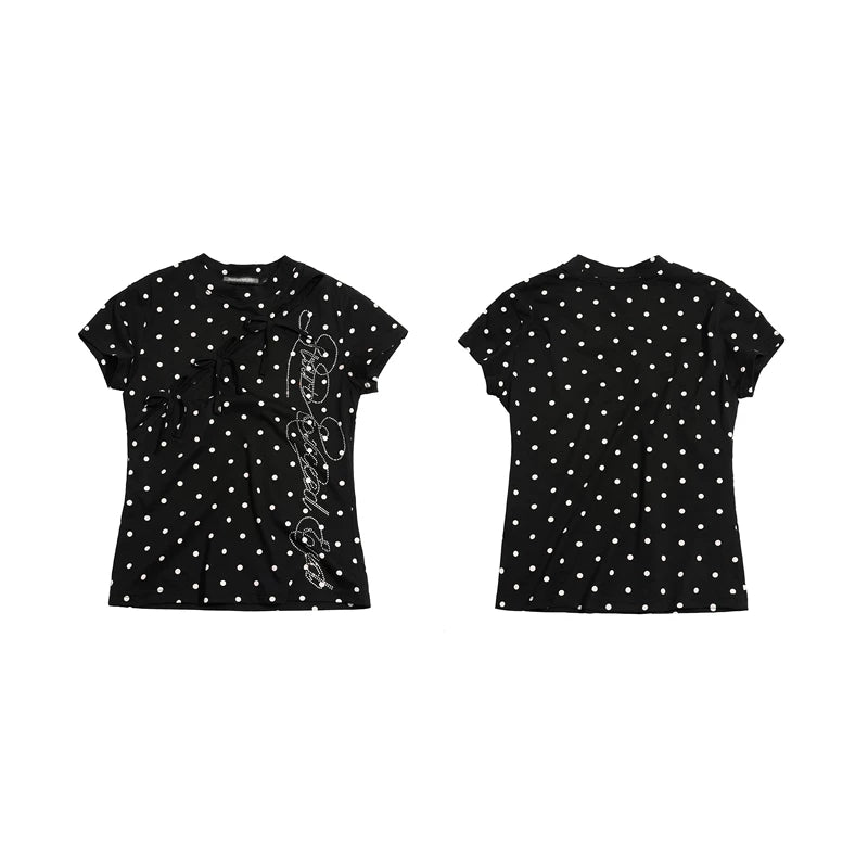 6079858445361,6079858445362,6079858445363,6079858445364, Polka Dot Rhinestone Cutout Slim T-Shirt