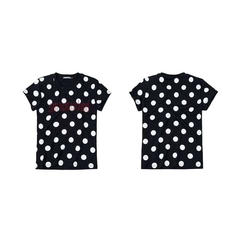 6265403687112,6265403687113,6265403687114,6265403687115, Polka Dot Slim Fit Rhinestone T-Shirt
