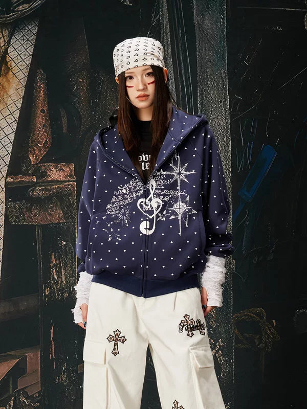 Polka Dot Zip-Up Graphic Hooded Sweatshirt 1