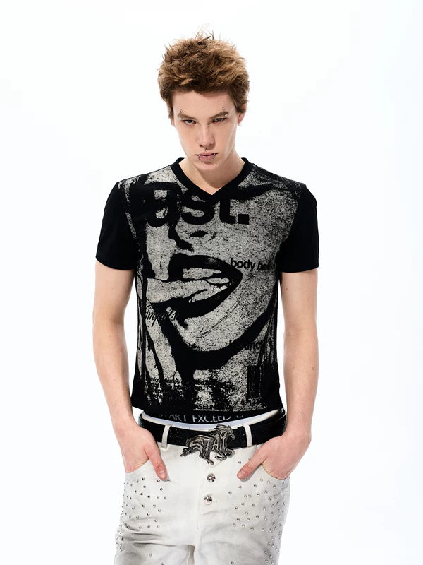 Portrait Print Slim Fit V-Neck T-Shirt 1