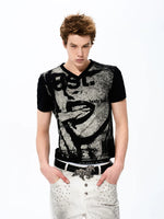 Portrait Print Slim Fit V-Neck T-Shirt 3