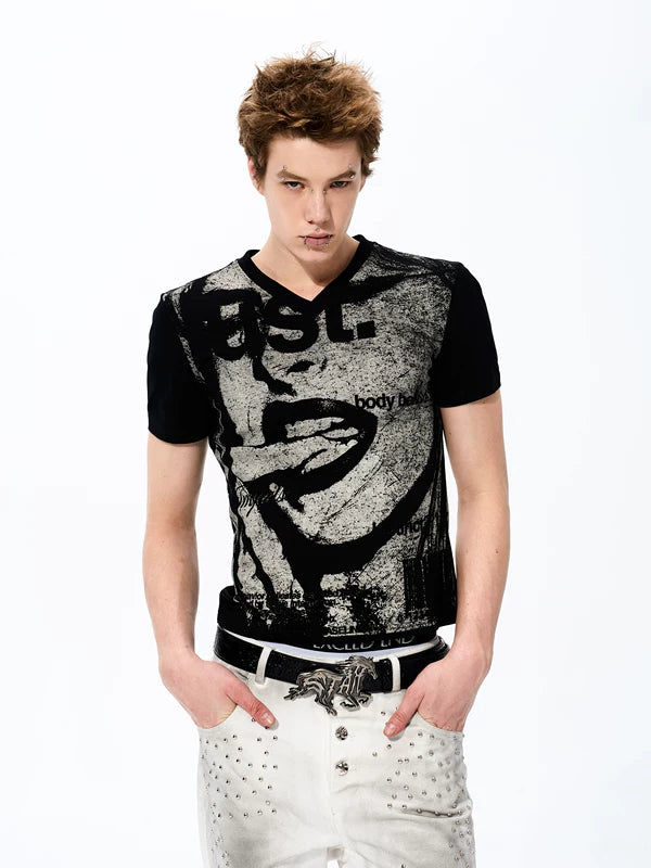 Portrait Print Slim Fit V-Neck T-Shirt 3