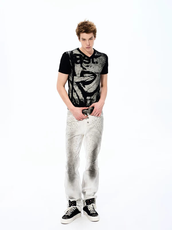 Portrait Print Slim Fit V-Neck T-Shirt 4