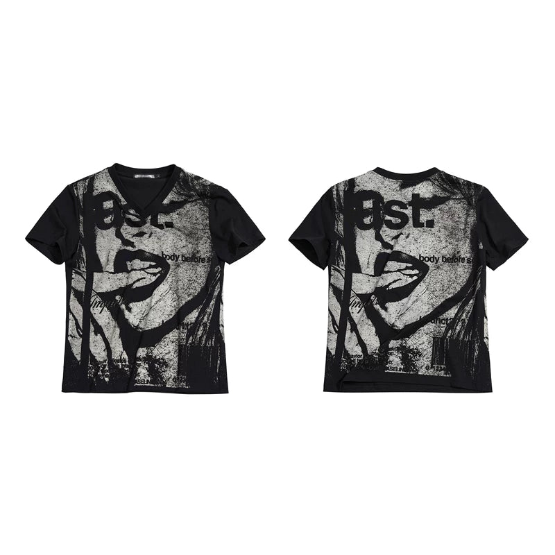 6244163318847,6244163318848,6244163318849,6244163318850, Portrait Print Slim Fit V-Neck T-Shirt
