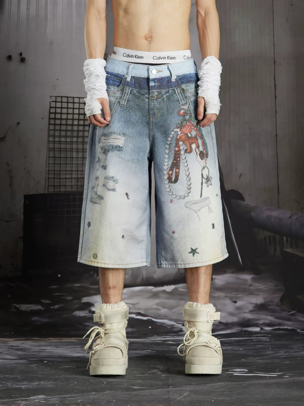 Printed Denim Capri Shorts 1