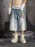 Printed Denim Capri Shorts 5