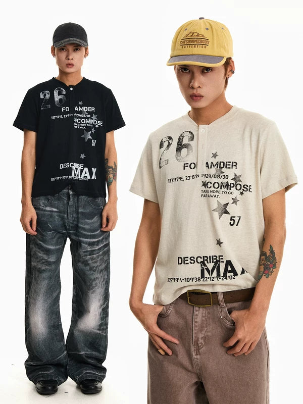 Printed Henley Short Sleeve T-Shirt 1