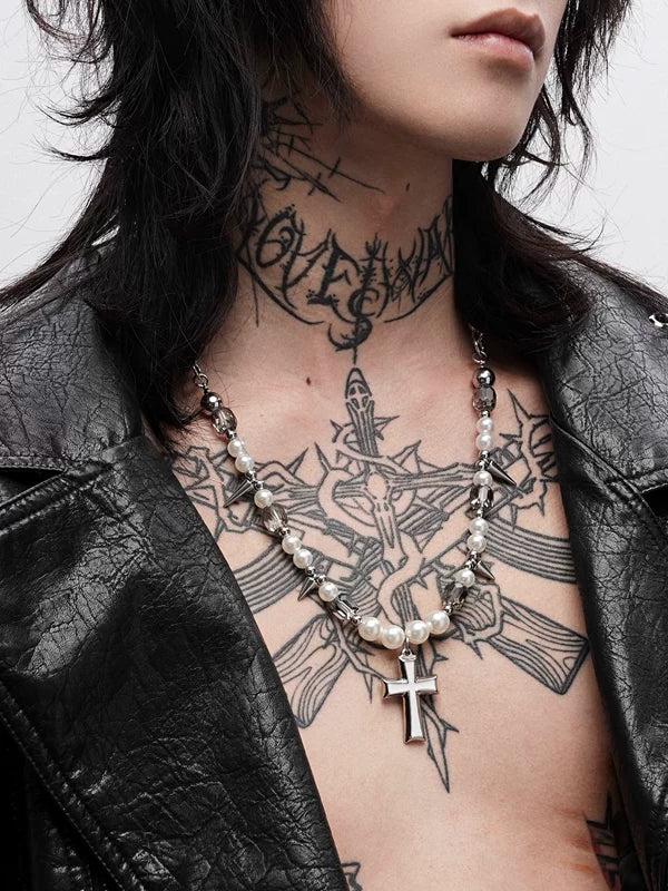 Punk Cross Pearl Necklace 1