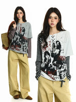 Punk Graphic Striped Sleeve Layered T-Shirt 1