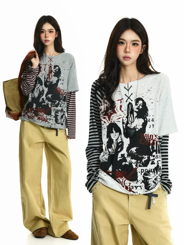 Punk Graphic Striped Sleeve Layered T-Shirt 1