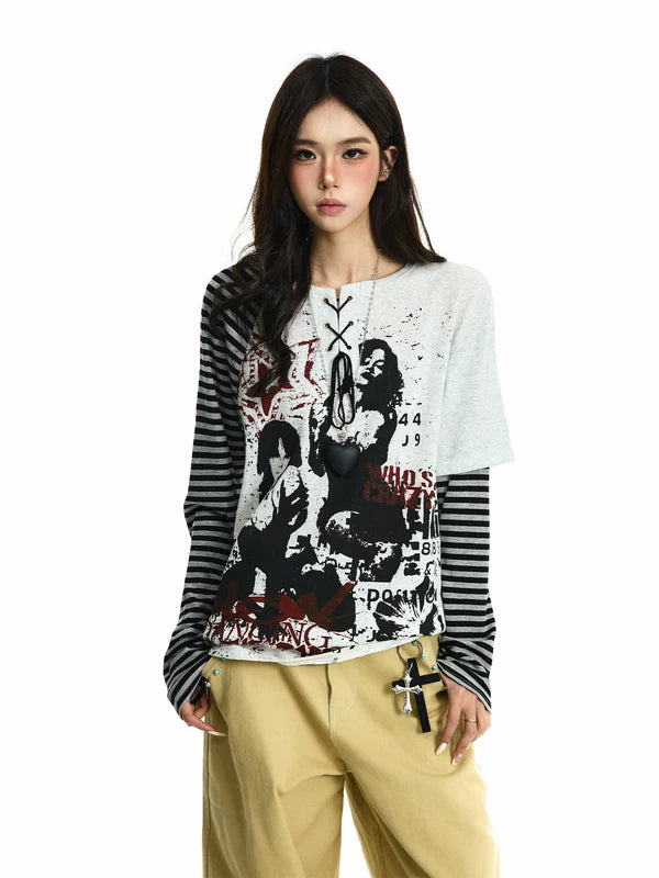 Punk Graphic Striped Sleeve Layered T-Shirt 2