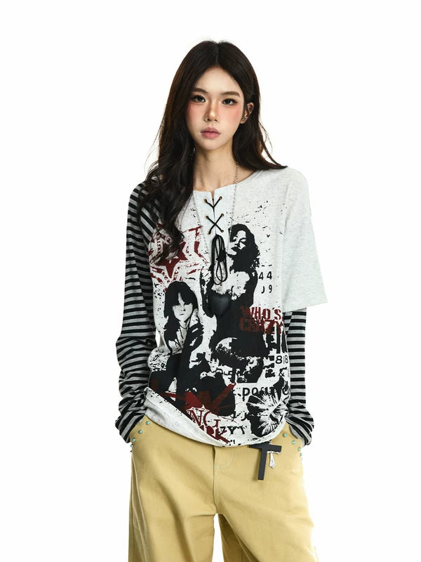 Punk Graphic Striped Sleeve Layered T-Shirt 3