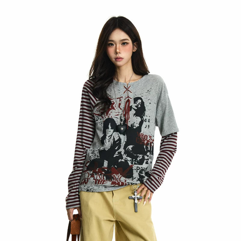 6202788482730,6202788482731,6202788482732, Punk Graphic Striped Sleeve Layered T-Shirt