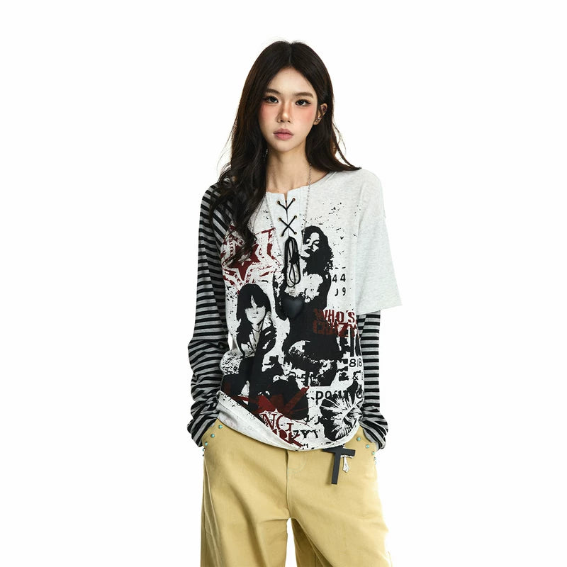 6202788482733,6202788482734,6202788482735, Punk Graphic Striped Sleeve Layered T-Shirt