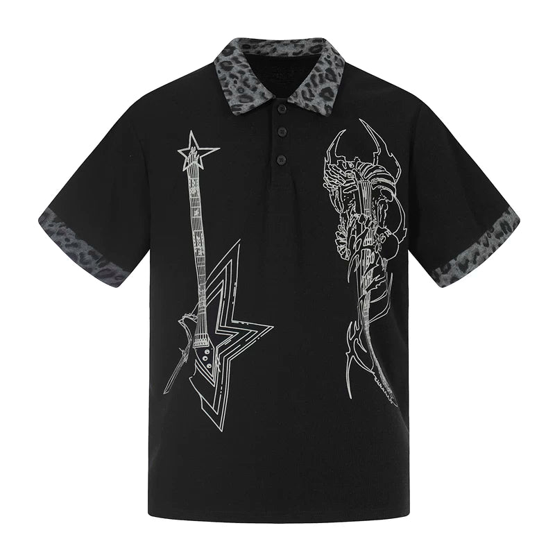 6076570380155,6076570380156,6076570380157,6076570380158, Punk Guitar Print Polo Shirt