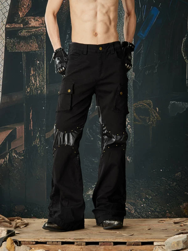 Punk Patchwork Rivet Cargo Flare Pants 1
