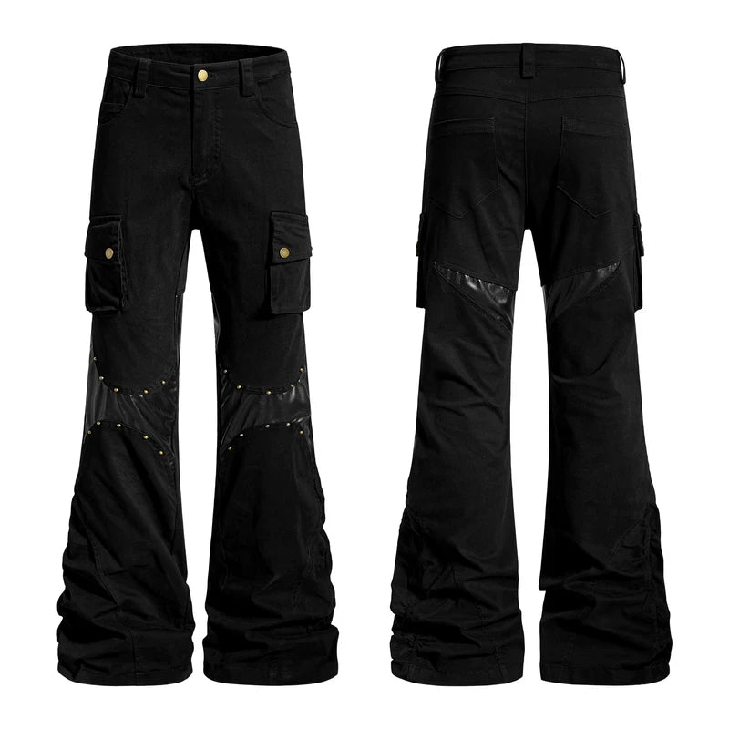 6191323771512,6191323771513,6191323771514,6191323771515,6191323771516, Punk Patchwork Rivet Cargo Flare Pants