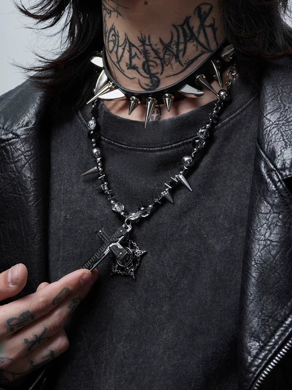 Punk Rivet Cross Beaded Necklace 1