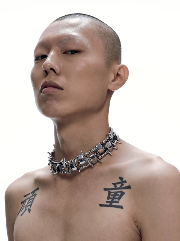 5250235678716, Punk Spiked Choker Necklace