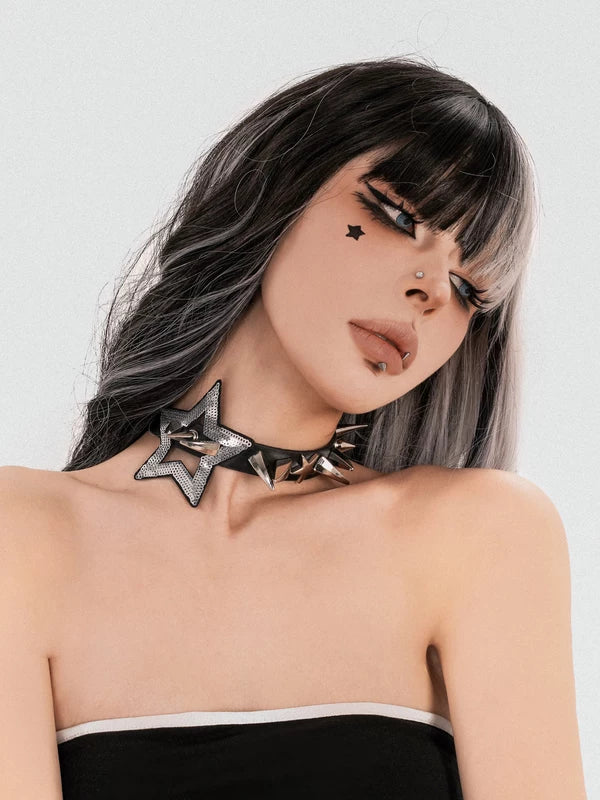 Punk Star Leather Choker Necklace 2