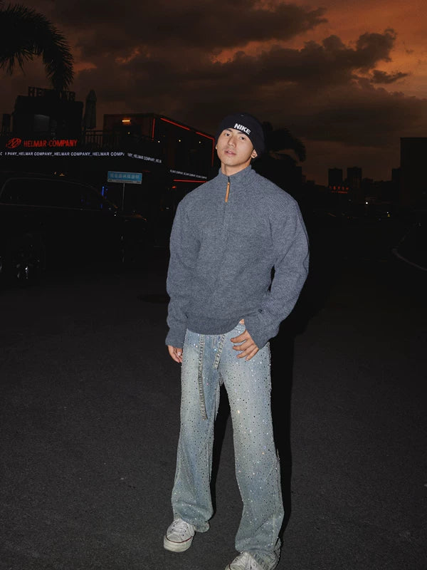 Quarter-Zip Stand Collar Knitted Sweater 2