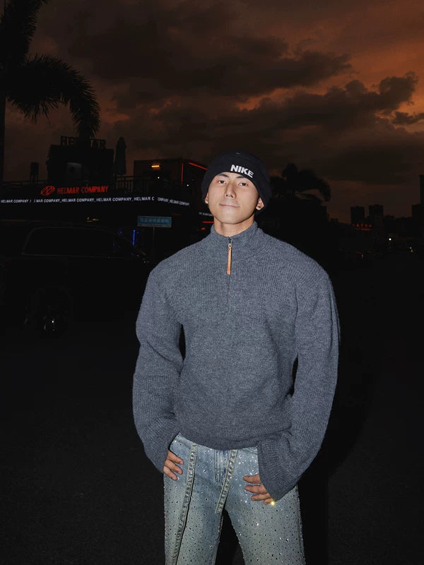 Quarter-Zip Stand Collar Knitted Sweater 4
