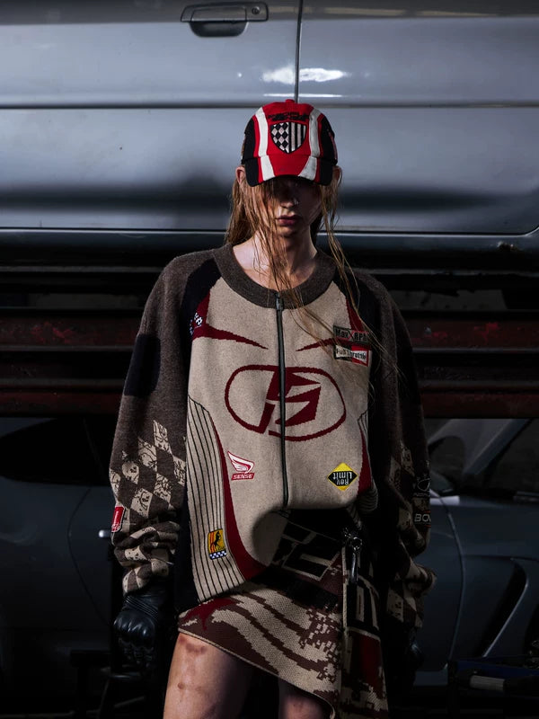 Racing-Inspired Knit Zip-Up Cardigan Sweater 4
