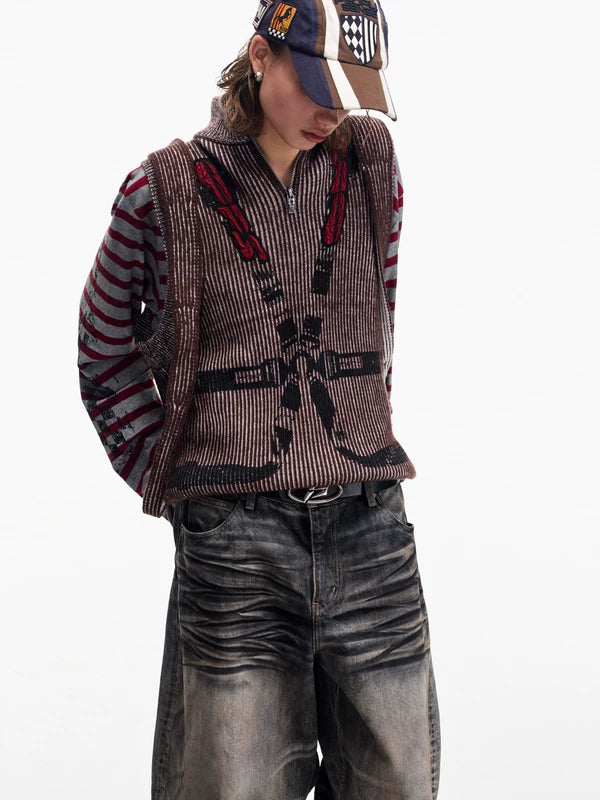 Racing-Inspired Knitted Half-Zip Sweater Vest 3