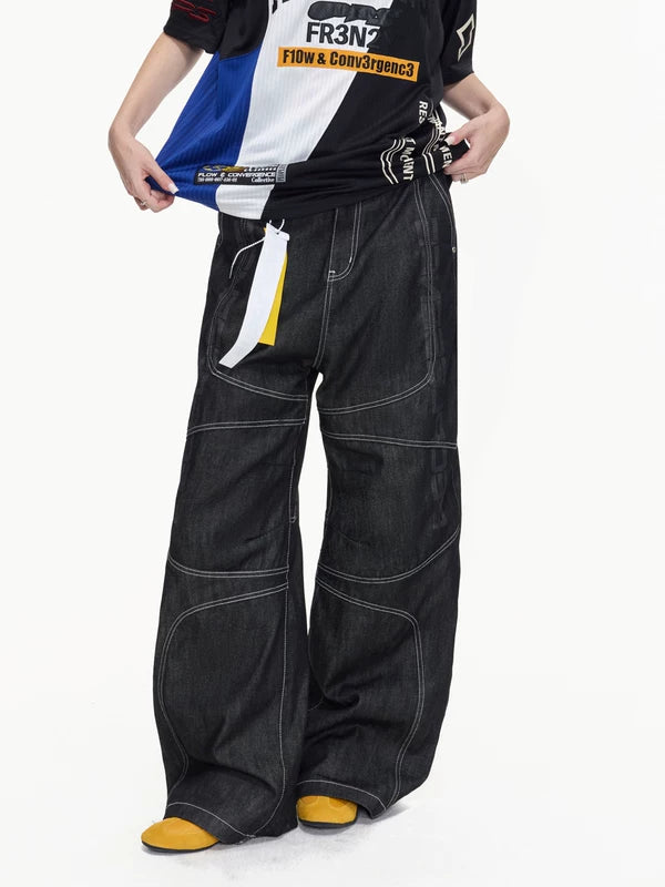 Racing Style Raw Denim Wide-Leg Pants 1