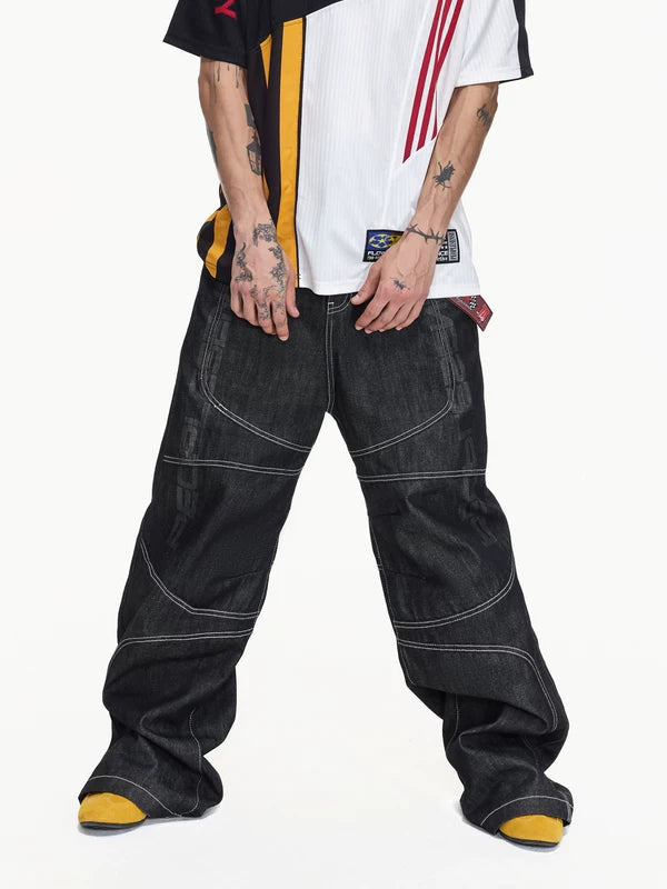 Racing Style Raw Denim Wide-Leg Pants 2