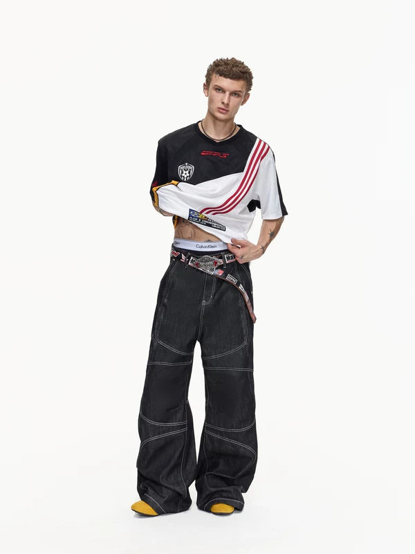 Racing Style Raw Denim Wide-Leg Pants 4