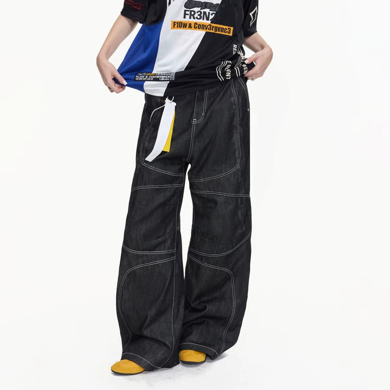 6101608118032,6101608118033,6101608118034,6101608118035, Racing Style Raw Denim Wide-Leg Pants