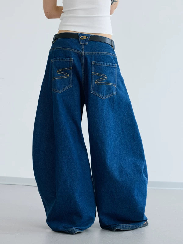 Raw Denim Curved Wide Leg Jeans Pants 3