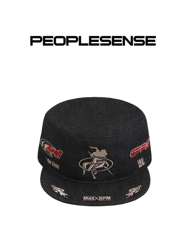 Raw Denim Flat Top Embroidered Equestrian Hat 1