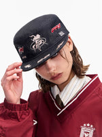 Raw Denim Flat Top Embroidered Equestrian Hat 4