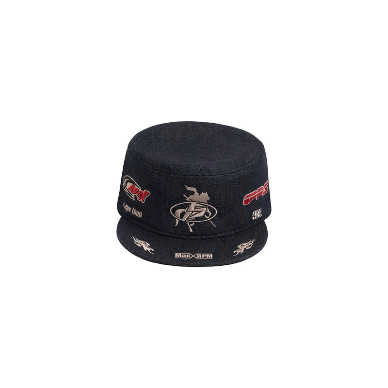 6154531451509, Raw Denim Flat Top Embroidered Equestrian Hat