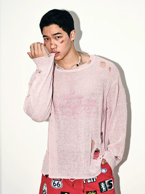 Relaxed Fit Ripped Mesh Knit Sweater 1