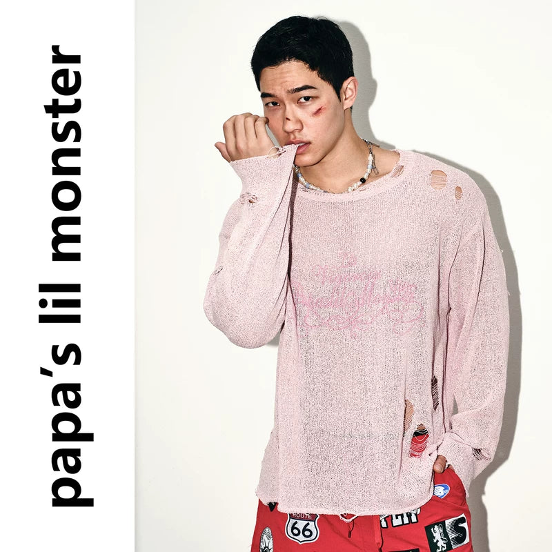 6261206231692,6261206231693,6261206231694, Relaxed Fit Ripped Mesh Knit Sweater