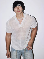 Relaxed Henley Sequined Knit T-Shirt 1