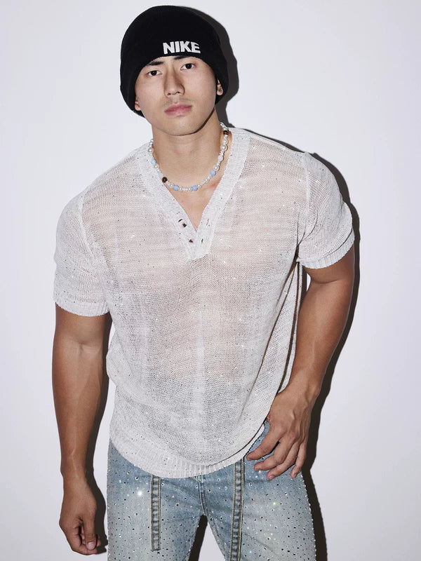 Relaxed Henley Sequined Knit T-Shirt 1