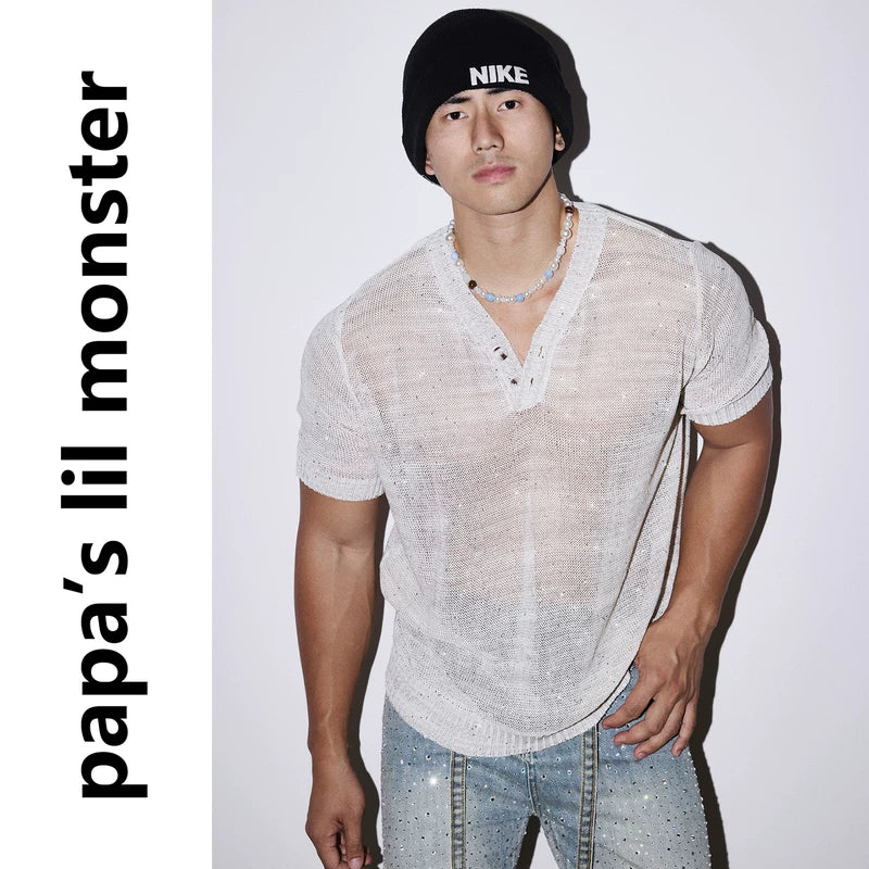 6231092818784,6231092818785,6231092818786, Relaxed Henley Sequined Knit T-Shirt