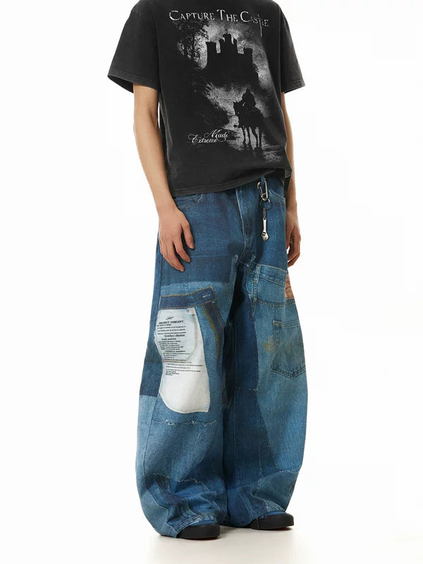 Retro 3D Print Baggy Wide-Leg Jeans Pants 2