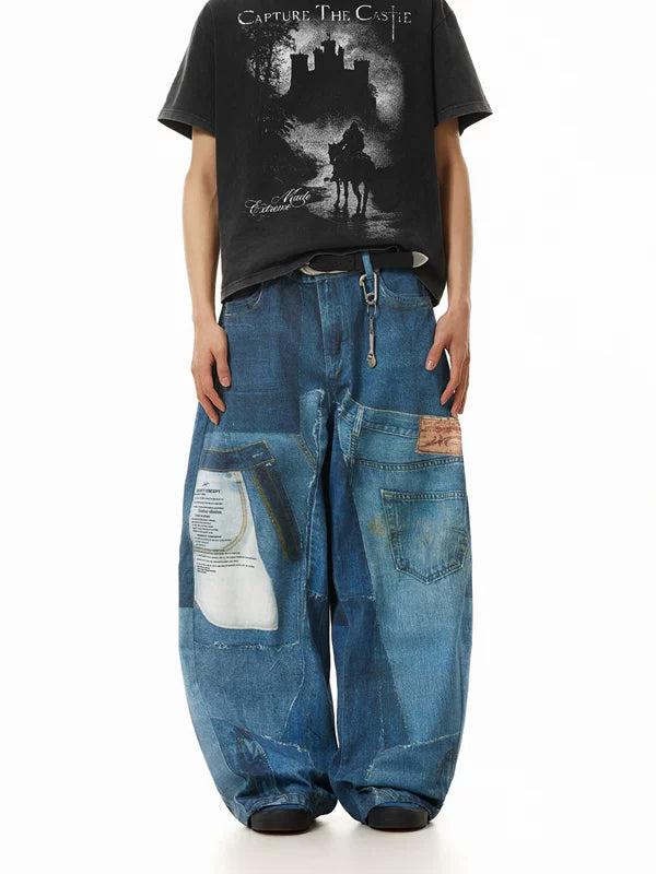Retro 3D Print Baggy Wide-Leg Jeans Pants 4