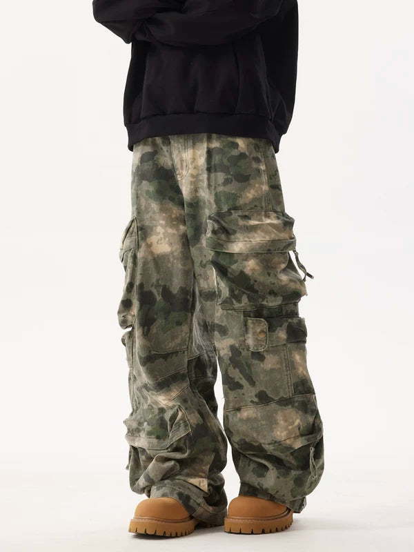 Retro Camouflage Multi-Pocket Wide-Leg Cargo Pants 1