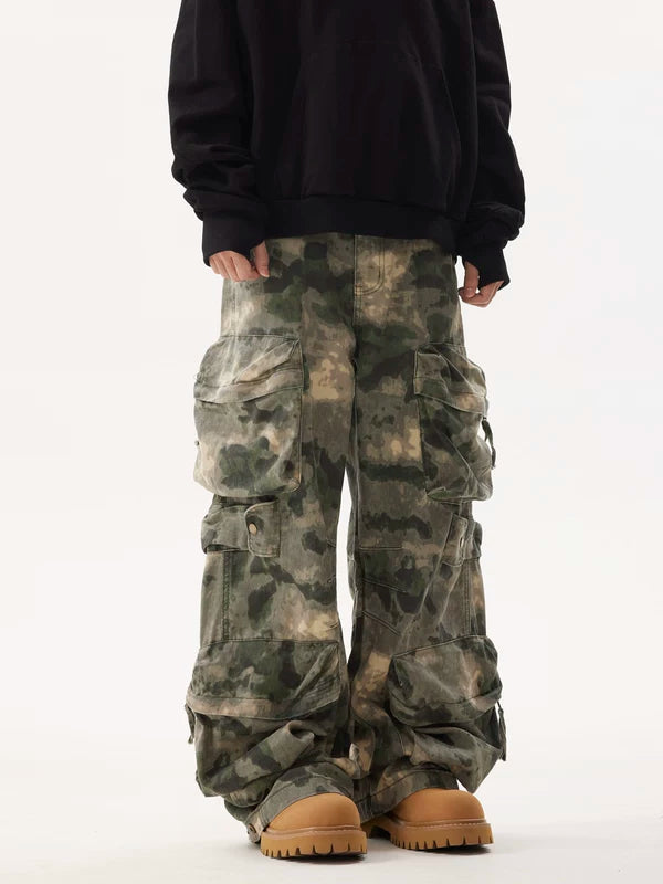 Retro Camouflage Multi-Pocket Wide-Leg Cargo Pants 2