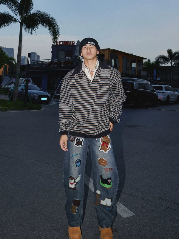 Retro Cartoon Embroidered Loose Denim Pants 4